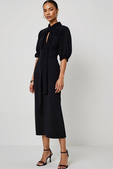 Black Sheath Half Sleeves Maxi Formal Dress with Keyhole